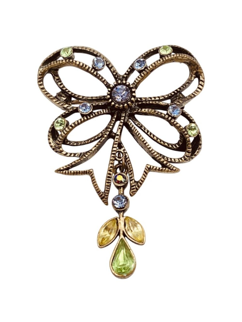 Vintage BOHO Bow Brooch Spring Green Purple Crystal Angel Fairy Whimsygoth 1960s - Picture 2 of 11